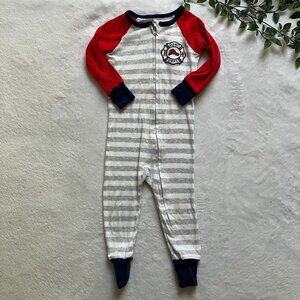 18M Firetruck Pajamas Kids Headquarters Cotton Zip Sleepwear Toddler GUC Stain